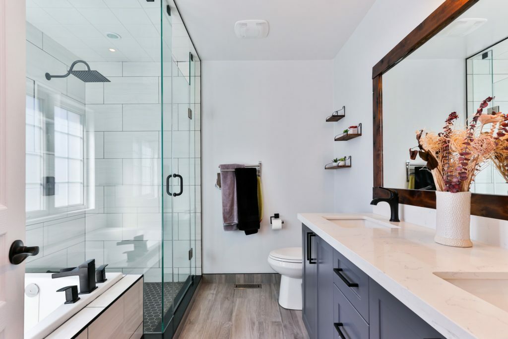 a bathroom with a glass shower