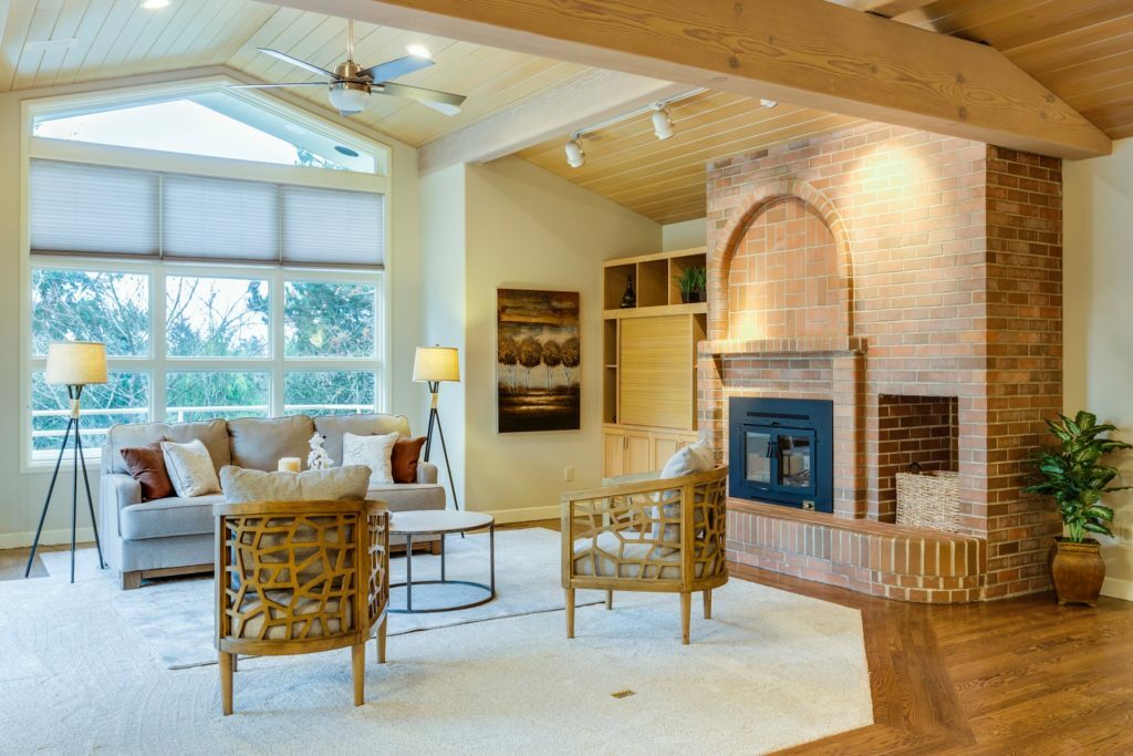 a living room with a fireplace