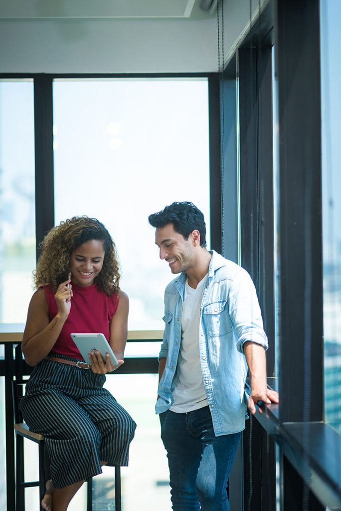 a man and a woman talking