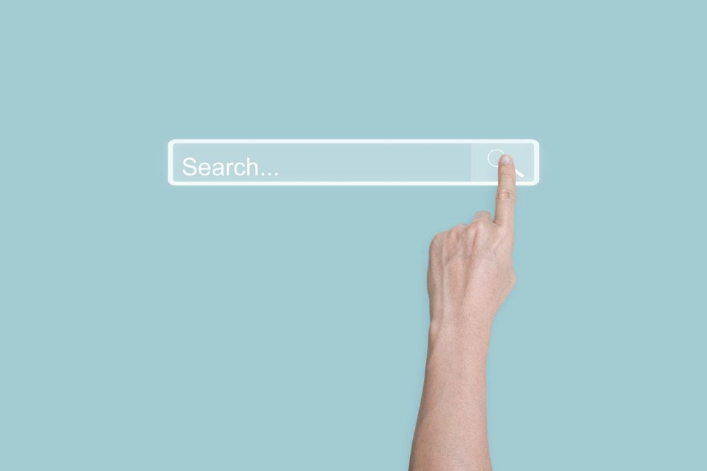 Searching Browsing concept. Hand click search page internet data information networking.