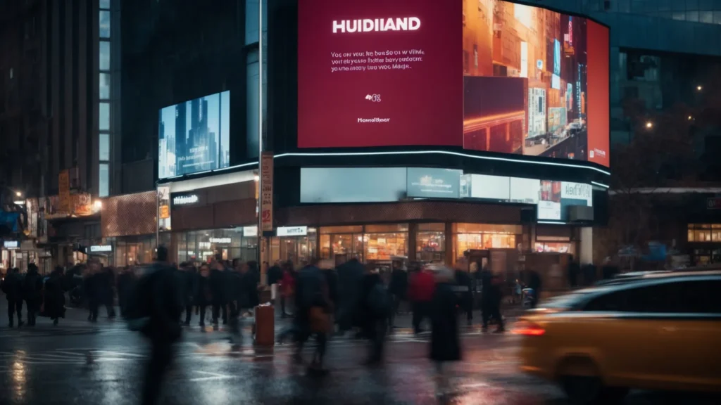 a sleek digital billboard displays a captivating advertisement on a bustling city street at dusk.