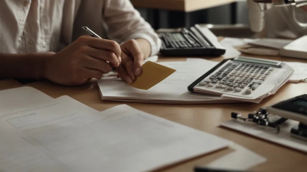 a person sits at a desk with a house model, calculator, and spreadsheets, planning taxes.