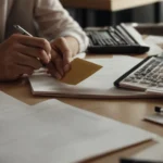 a person sits at a desk with a house model, calculator, and spreadsheets, planning taxes.