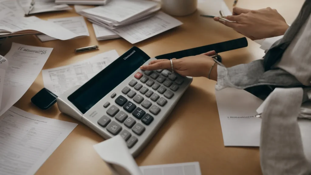 a person sitting at a desk, surrounded by tax forms and a calculator.