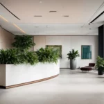 a modern office lobby featuring sleek furniture and vibrant plants arranged around a minimalist reception desk.