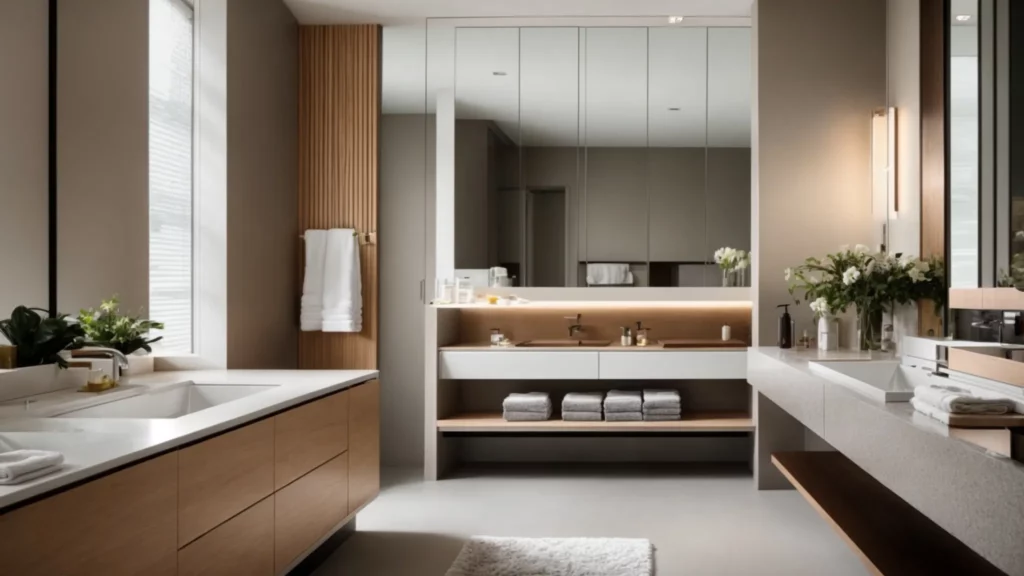 a sleek, modern bathroom with a large mirror, double sink vanity, and a glass-enclosed walk-in shower illustrates a high-end renovation outcome.