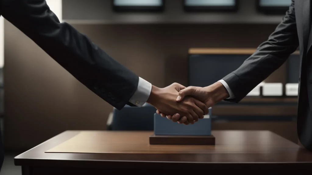 a person shaking hands with a bank officer across a desk, symbolizing the finalization of a quick loan agreement.