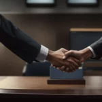 a person shaking hands with a bank officer across a desk, symbolizing the finalization of a quick loan agreement.