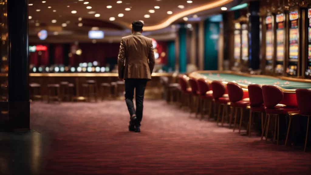 a person confidently walking away from a blurred casino background, symbolizing the first step towards recovery.
