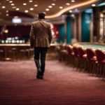 a person confidently walking away from a blurred casino background, symbolizing the first step towards recovery.