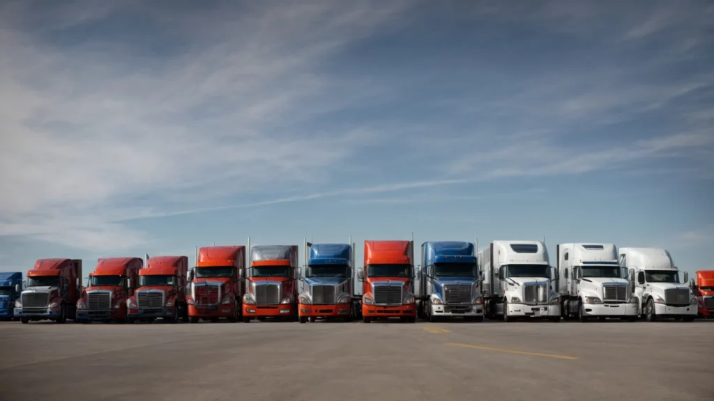 a fleet of semi-trucks lined up in a spacious logistics depot under a clear sky, ready for dispatch.