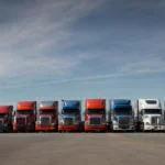 a fleet of semi-trucks lined up in a spacious logistics depot under a clear sky, ready for dispatch.