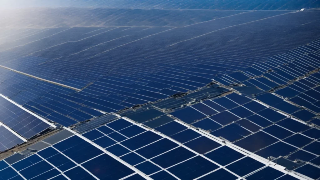 a wide array of solar panels stretches out under the clear blue sky on a sunny day.