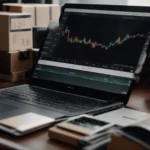 a laptop open on a desk with charts on the screen surrounded by packages and a shopping cart item.