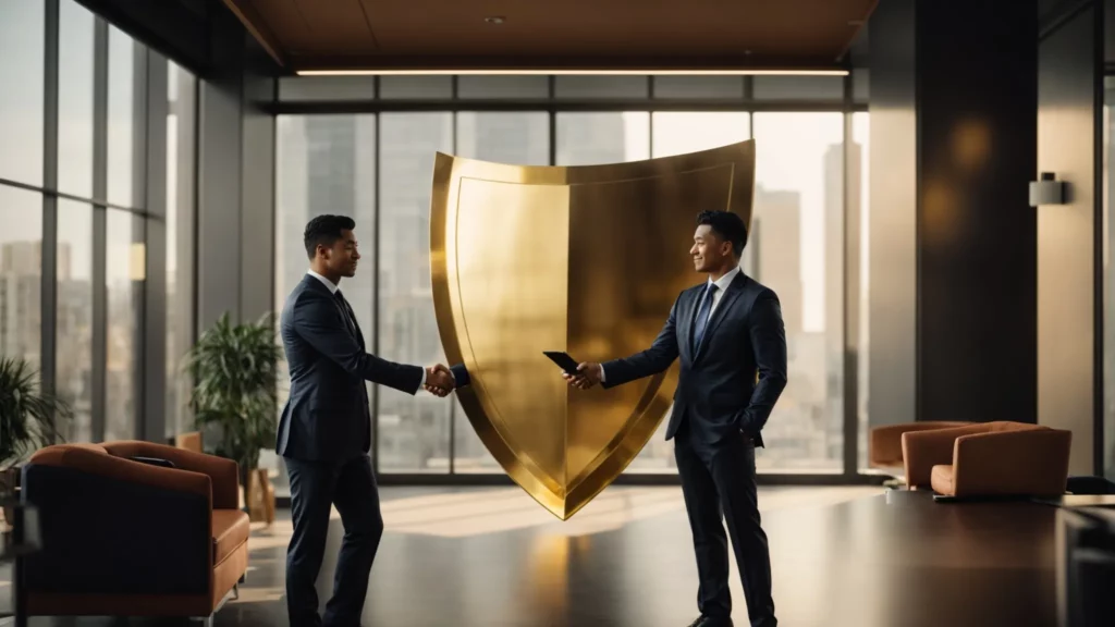 two professionals shaking hands in a modern office, with a golden shield emblem glowing in the background.