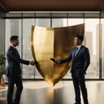 two professionals shaking hands in a modern office, with a golden shield emblem glowing in the background.