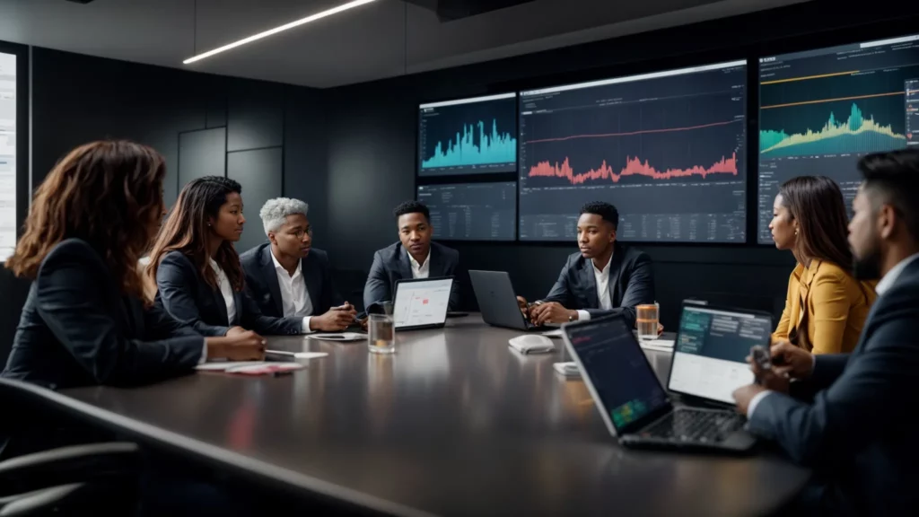 a diverse group of professionals engaging in a strategy meeting around a large screen displaying colorful analytics graphs.