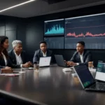 a diverse group of professionals engaging in a strategy meeting around a large screen displaying colorful analytics graphs.