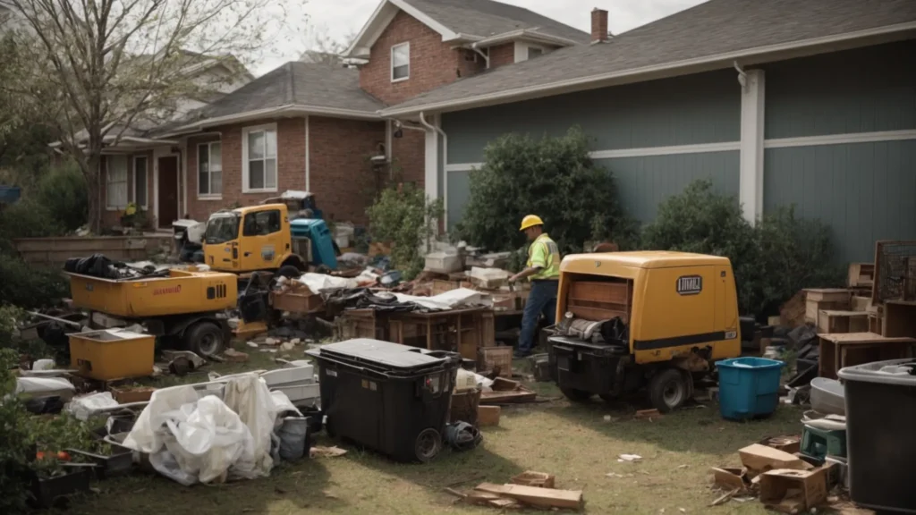 a cluttered backyard with broken furniture and appliances, being cleared by uniformed workers using a large removal truck.