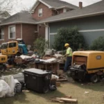 a cluttered backyard with broken furniture and appliances, being cleared by uniformed workers using a large removal truck.