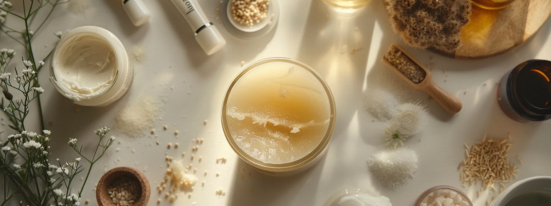 a jar of beef tallow surrounded by various skin care products and natural ingredients.