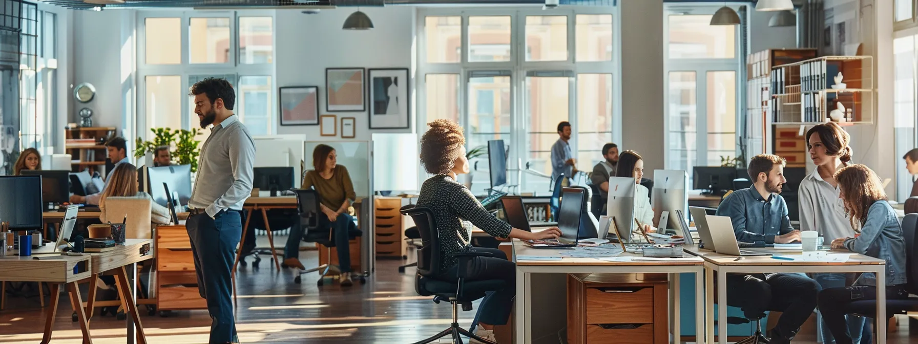 a bustling office scene with multiple people working quickly to process loans.