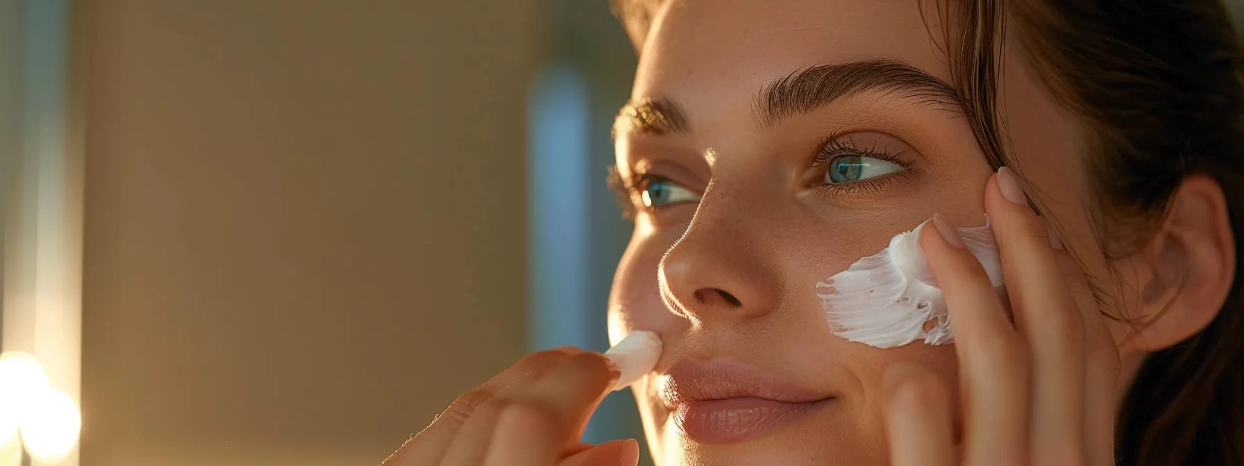 a woman applying a luxurious cream containing beef tallow to her skin, with a look of satisfaction on her face.