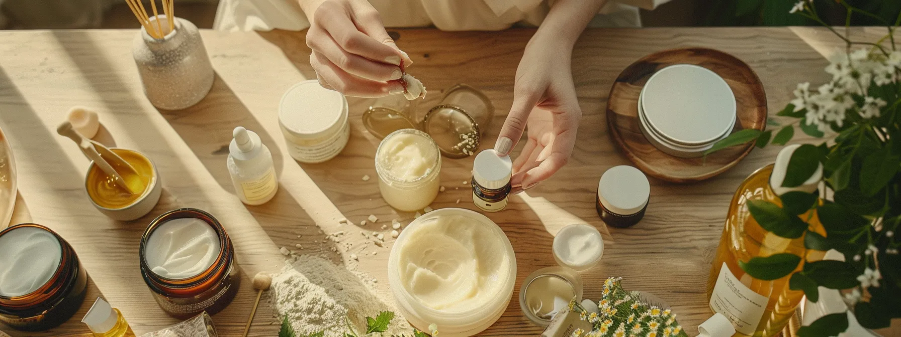 a person applying beef tallow skincare products, surrounded by natural and eco-friendly beauty products.