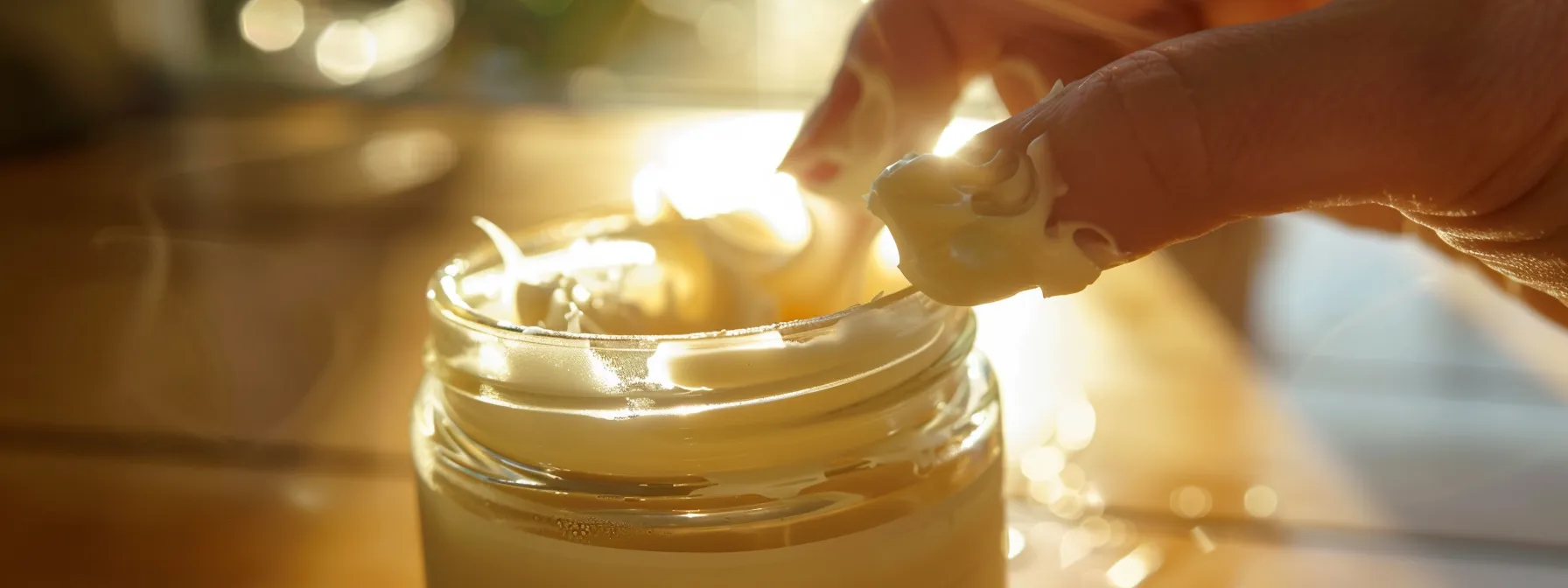 close-up of a jar of beef tallow cream being applied to a hand.