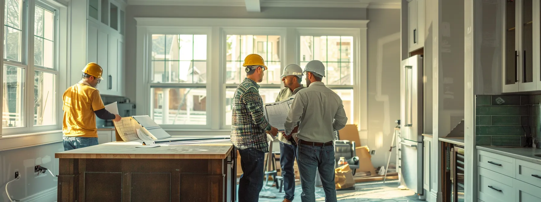 a group of real estate developers reviewing plans for multiple renovation projects funded by hard money loans, with construction workers in the background revitalizing properties.