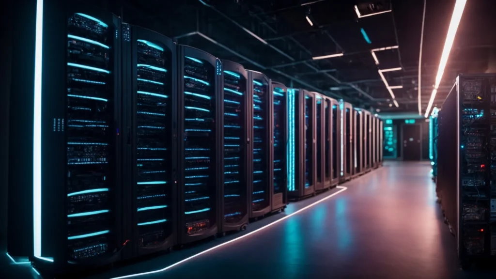 a server room with racks of computers and glowing lights, symbolizing the technology behind ai-driven data storage solutions.