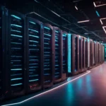 a server room with racks of computers and glowing lights, symbolizing the technology behind ai-driven data storage solutions.