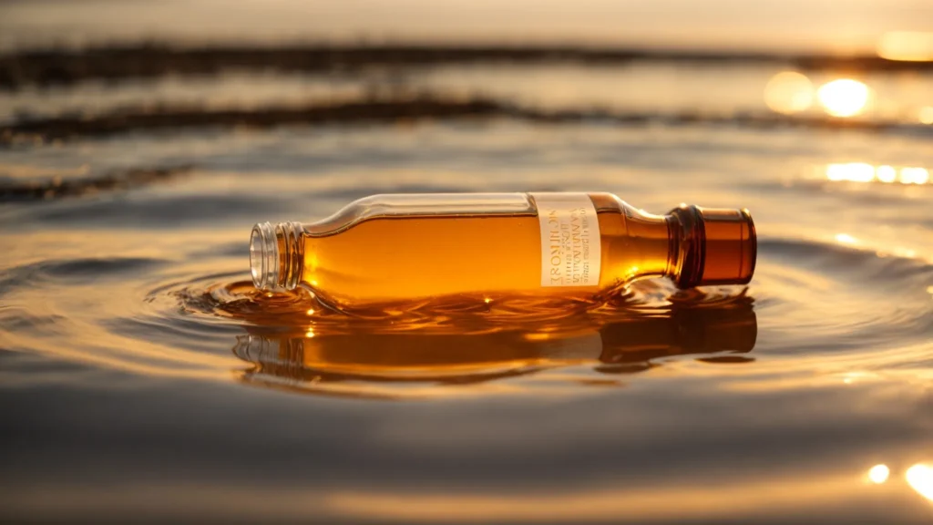 a dropper bottle of amber body oil spills its contents into a small pool, reflecting a soft, golden light on a serene background.