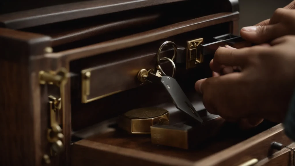 a person turning a large key into a lock embedded in a solid and heavy treasure chest.