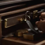 a person turning a large key into a lock embedded in a solid and heavy treasure chest.