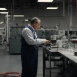 a scientist in a laboratory measures the tension force of a cable using a dynamometer as part of a quality control process.