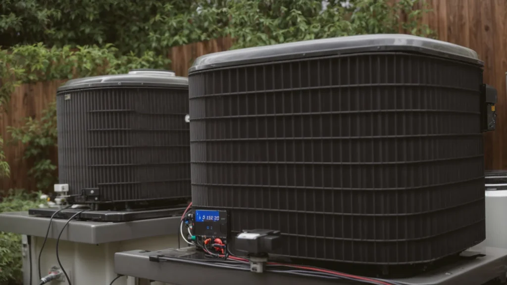 a technician is carefully inspecting the inner components of a residential air conditioning unit outdoors.