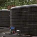 a technician is carefully inspecting the inner components of a residential air conditioning unit outdoors.