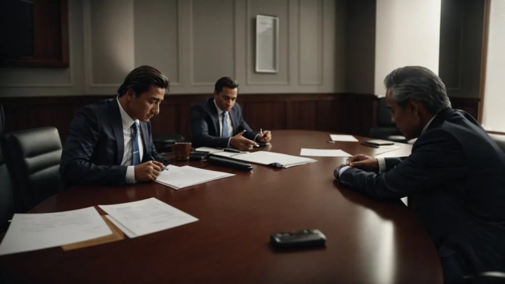 a formal meeting between a business owner and a legal consultant, discussing documents at a conference table.