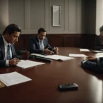 a formal meeting between a business owner and a legal consultant, discussing documents at a conference table.