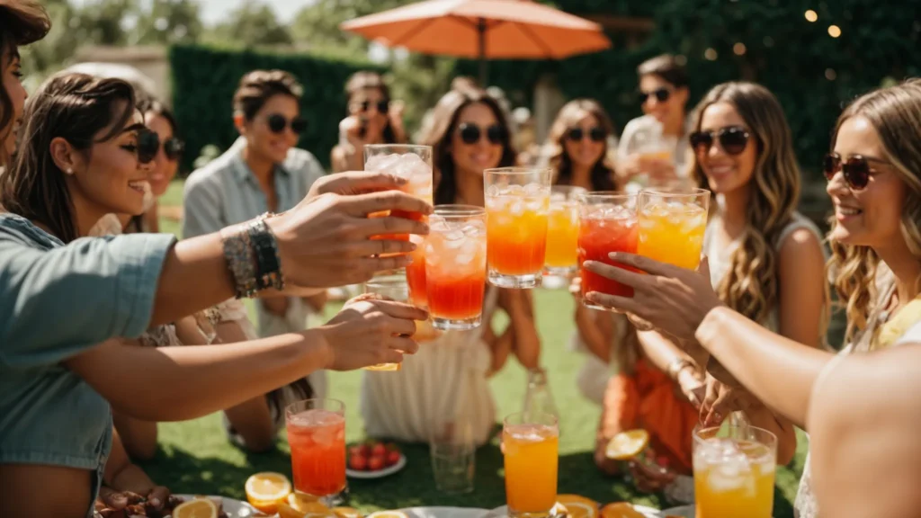 a group of friends toasting with vibrant, fizzy drinks in a sunny backyard.