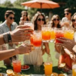 a group of friends toasting with vibrant, fizzy drinks in a sunny backyard.