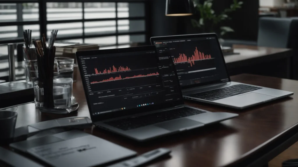 two laptops on a table, showing different graphs and analytics software on their screens.