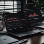 two laptops on a table, showing different graphs and analytics software on their screens.