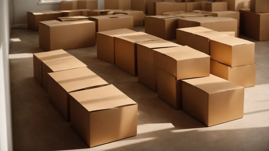 a line of unopened cardboard boxes in an empty, sunlit room.