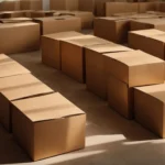 a line of unopened cardboard boxes in an empty, sunlit room.