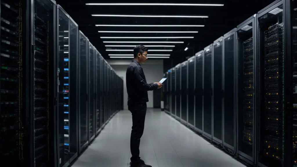 a network engineer examines a rack of servers and networking equipment in a data center.