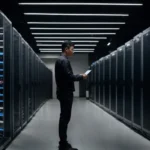 a network engineer examines a rack of servers and networking equipment in a data center.