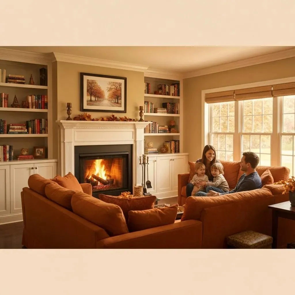Family enjoying fireplace installation. Cozy living room with built-in bookshelves and a fireplace. Family time in West Chester, PA.