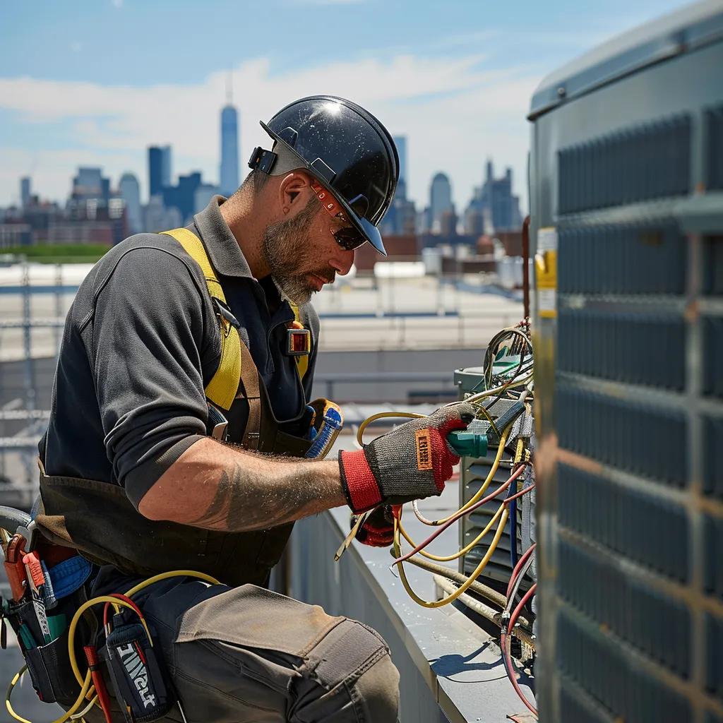 HVAC technician performing maintenance on commercial air conditioning unit on rooftop in Brooklyn, with city skyline in background.